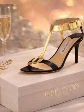 JIMMY CHOO T-Strap Gold & Black Leather Ankle Strap Stiletto 4" Heels Size EU 40